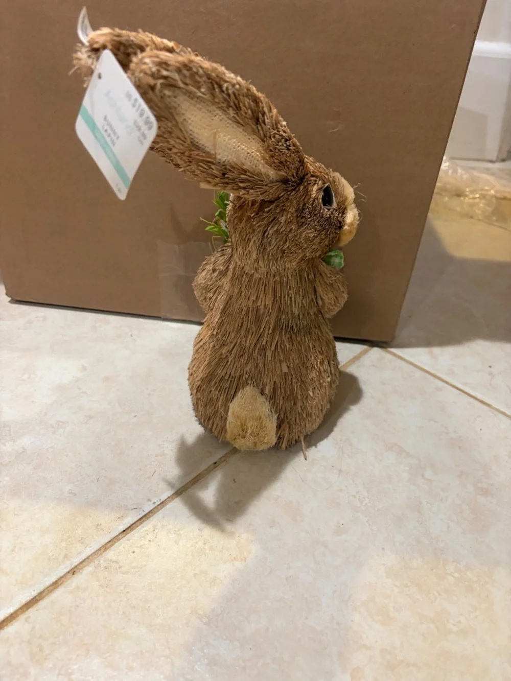 Michaels Brown Straw Bunny with Pink & Red Flower Bouquet